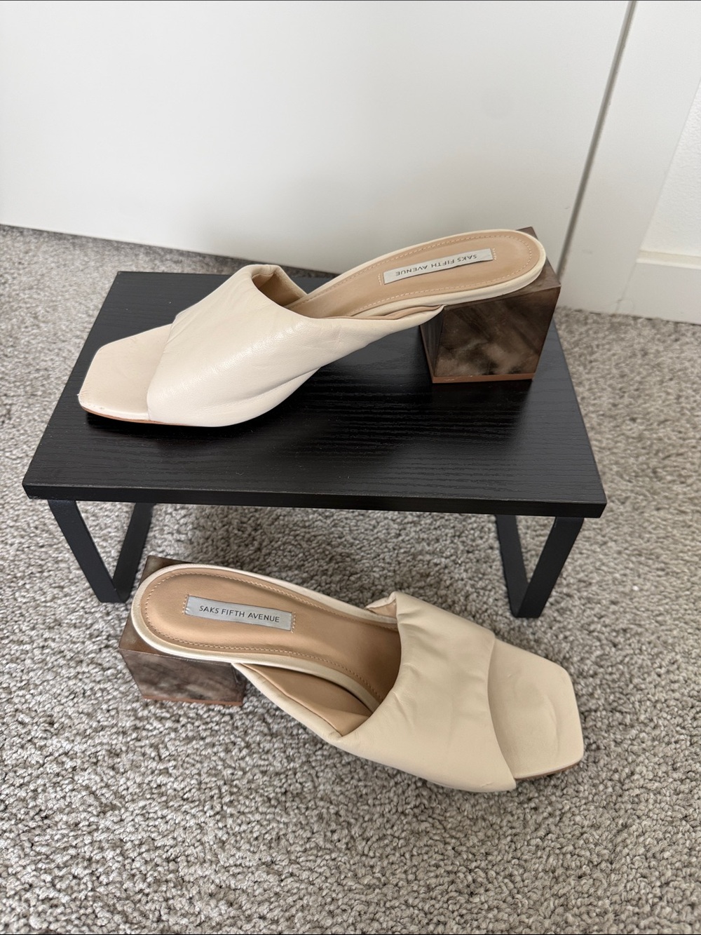 Saks Fifth Avenue Beige Leather Block Heel Mules